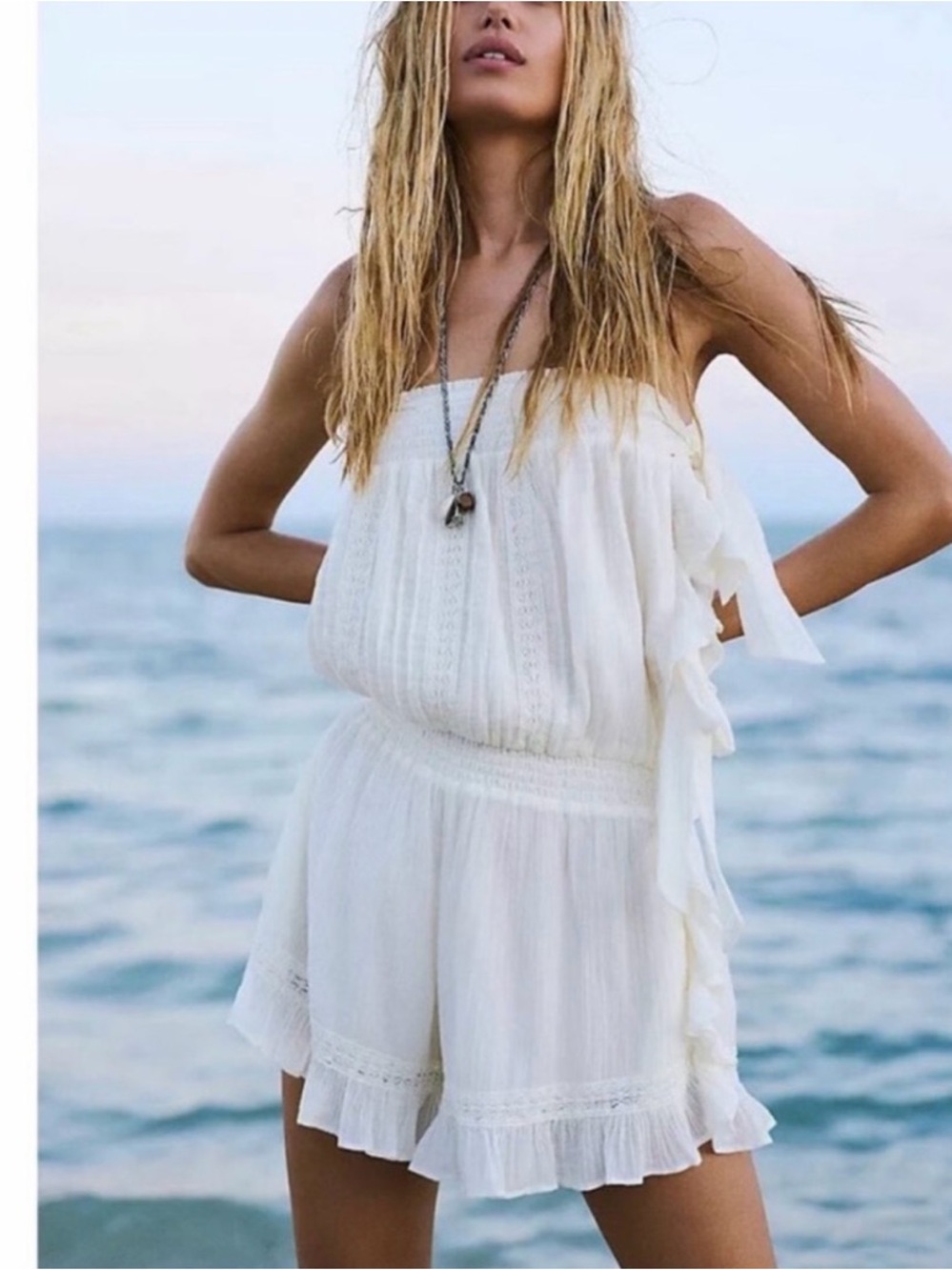 Free People White Strapless Ruffled Romper